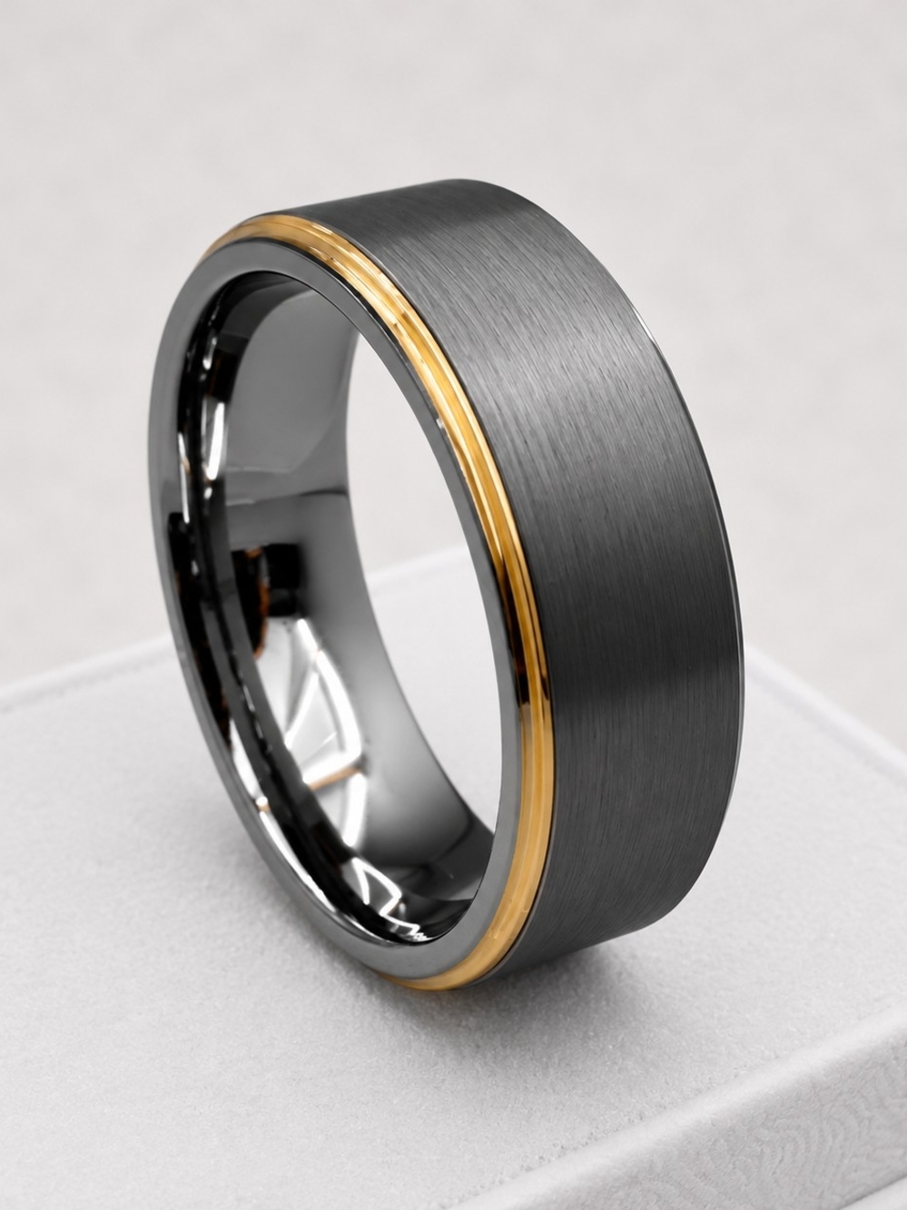 Brushed Black Heavy Tungsten Ring with Gold Accent 8mm- Men's -Last One SZ 14
